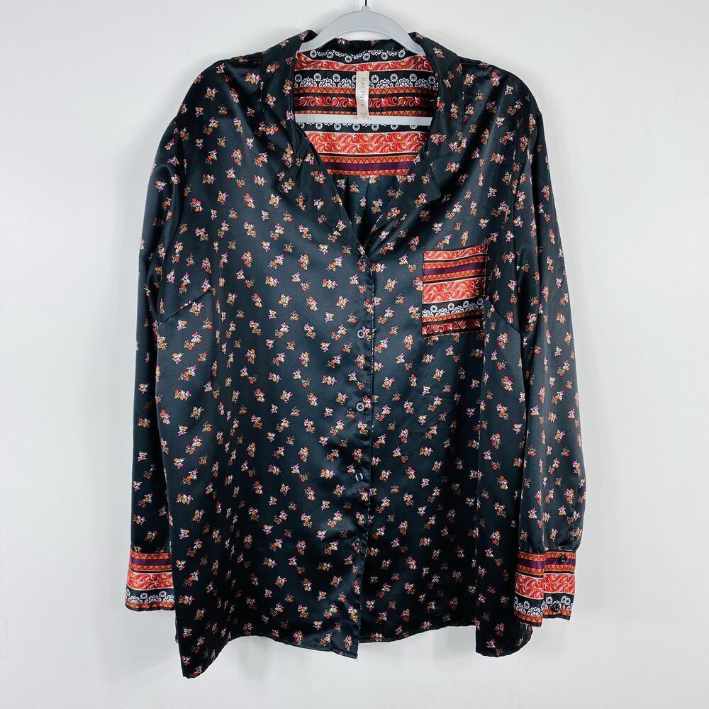 Cacique Lane Bryant Pajama Top 18 20 Black Floral Satin Button Long Sleeve